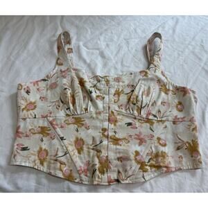 Women’s Sz L Floral Corset Crop Top Tank Cream Cottage Festival Coquette Whimsy